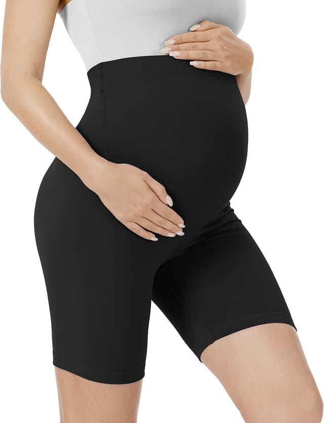 Detalle de VALANDY Creamlush maternity over-the-belly biker shorts (S–XL) for lounging, yoga and everyday errands