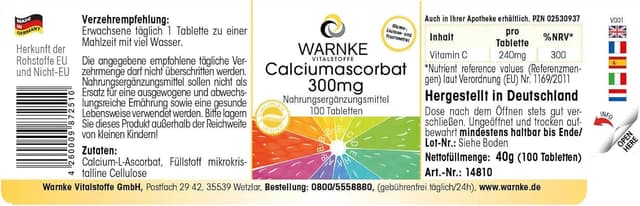 Thumbnail 1 de Warnke Vitalstoffe Ascorbato de Calcio 300 mg Vegana 100 comprimidos 🍊