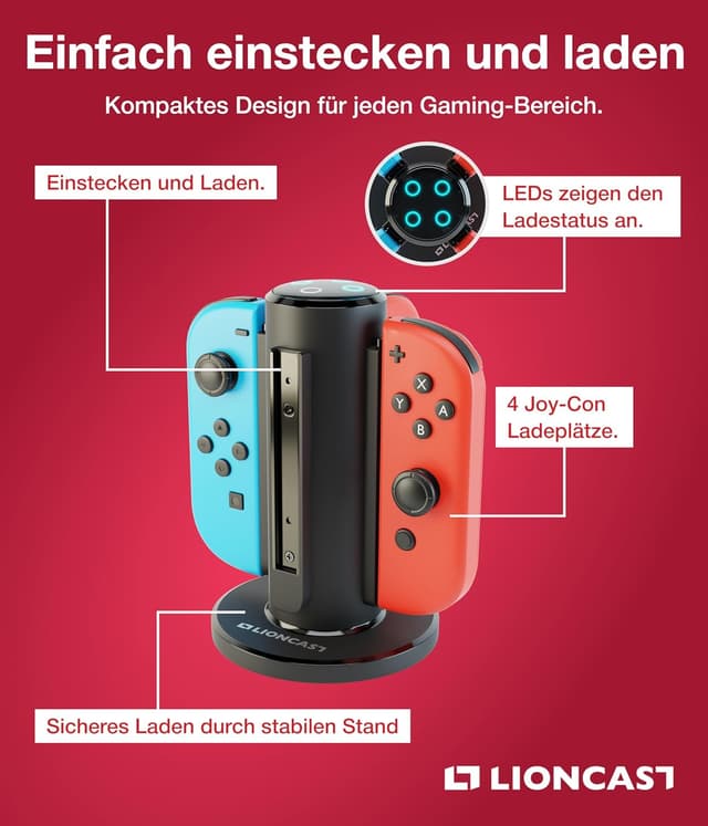 Detalle de LIONCAST Ladestation für bis zu 4 Joy-Cons mit LED-Ladeanzeige – kompatibel mit Nintendo Switch