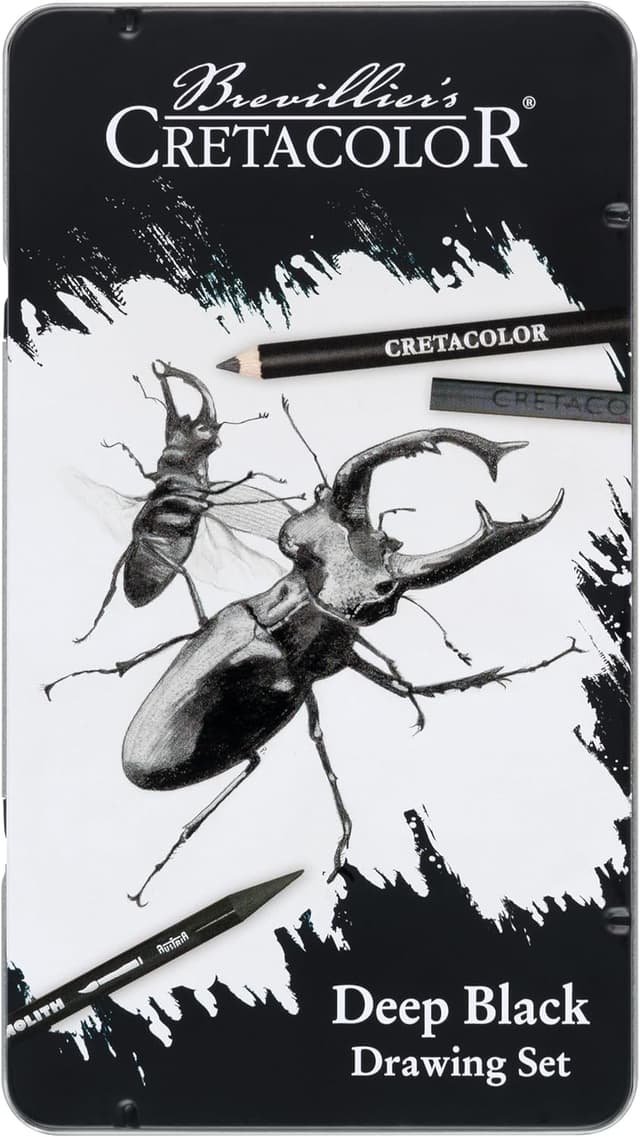 Detalle de Cretacolor Deep Black – Set de dessin noir profond (10 pièces) avec gomme et essuie-papier