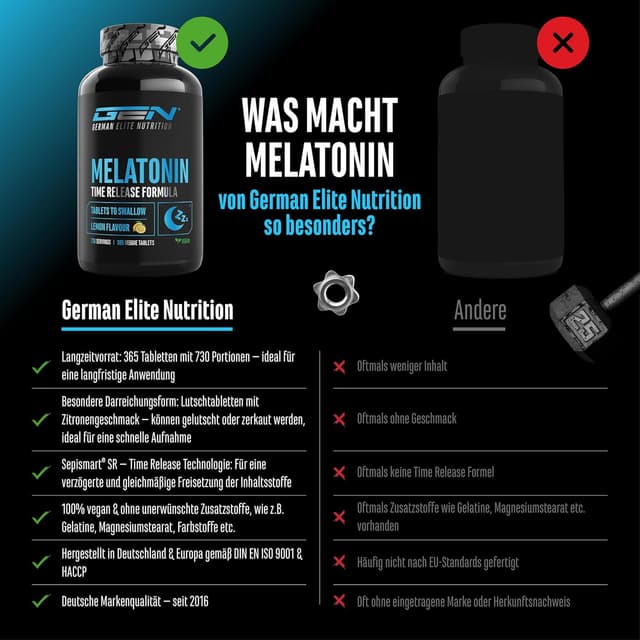 Detalle de GEN German Elite Nutrition Melatonin Time Release – 365 Lutschtabletten mit Zitronengeschmack (0,5 mg) und Sepismart® SR