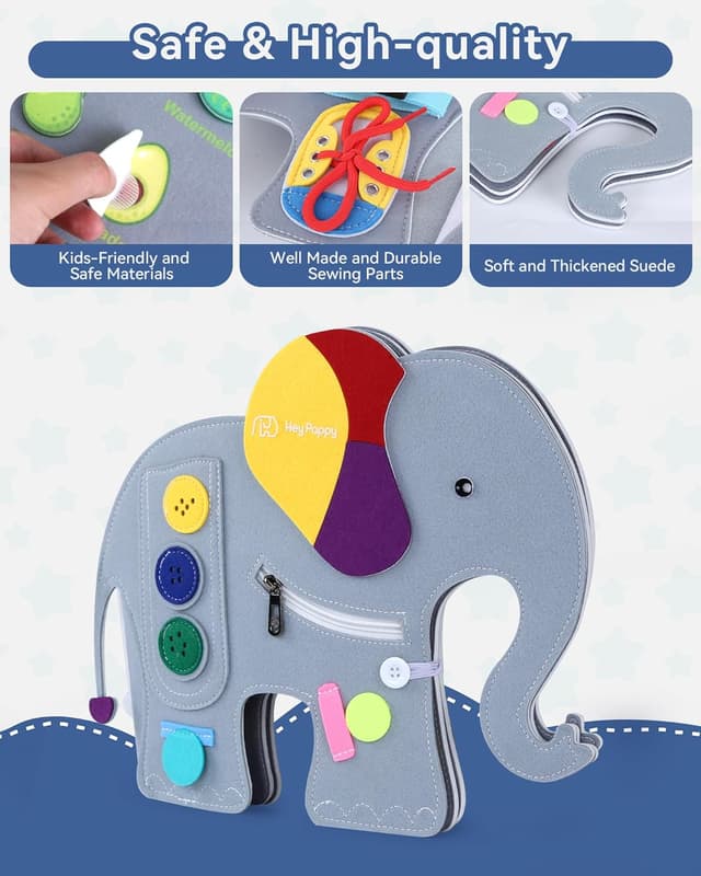 Detalle de Heypappy Montessori-style Elephant Busy Board for Toddlers with Fine Motor Activities