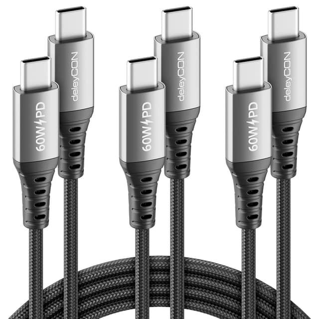Detalle de deleyCON : lot de 3 câbles USB-C USB-C 0,5 m / 1 m / 2 m avec charge rapide 60 W (PD 3.0 PPS)