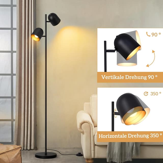 Detalle de Kowanie Vintage Stehlampe für Wohnzimmer: 2-flammig, schwarz-matt & gold, schwenkbar, E14