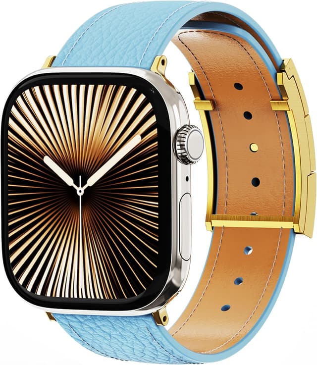 Detalle de Leather Watch Band with Magnetic Buckle for Apple Watch Ultra & Series 1–9 (49mm–38mm) – Natural Cowhide Strap