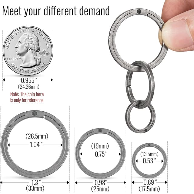 Detalle de KeyUnity titanium flat key rings with side-push quick release for key carabiner (S/M/L variants)