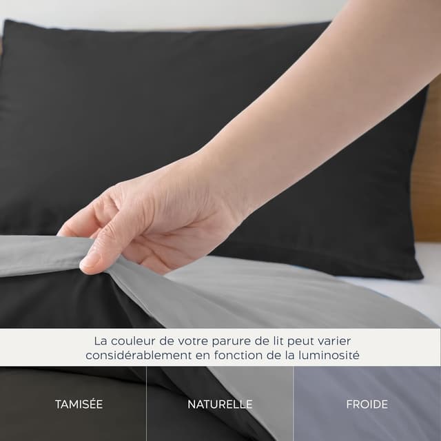 Detalle de Twinzen Housse de couette réversible 135x200 cm en microfibre grise (avec taie 50x70) – Parure Oeko-Tex