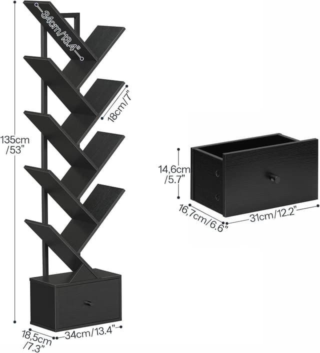 Detalle de HOOBRO Scaffale a forma di albero EBK18SJ01G1, libreria vintage a 9 livelli con porta-CD e cassetto