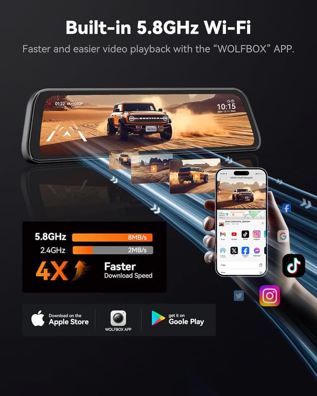 Detalle de WOLFBOX G840S 12" Spiegel-Dashcam mit 4K & Rückfahrkamera (5,8‑GHz WiFi) und GPS