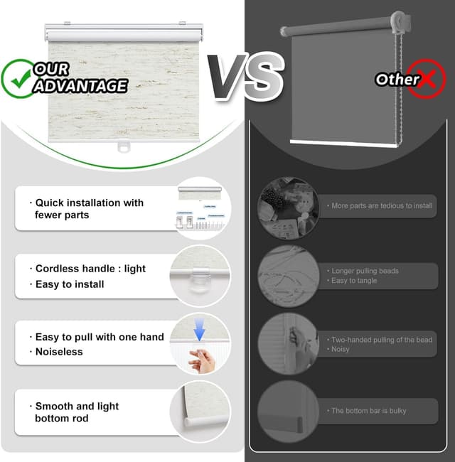 Detalle de Cordless Roller Shade Blackout Blinds (Natural Linen Cream) with Spring System, UV Protection, 26" W x 72" H