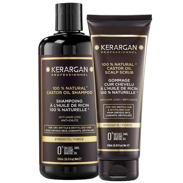 Detalle de KERARGAN Duo Anti-Haarausfall Shampoo & Peeling mit Rizinusöl für trockenes, lebloses Haar (500 ml + 250 ml)