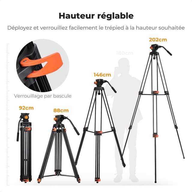 Detalle 2 de K&F CONCEPT Trépied Vidéo 202 cm avec tête fluide et charge max 8 kg