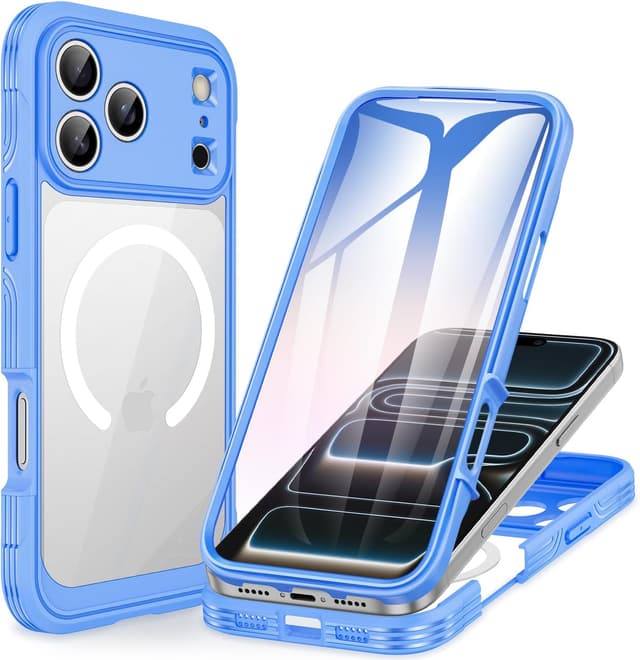 Detalle de CENHUFO MagSafe iPhone 17 Pro case with built-in 9H glass screen protector – 360° shockproof bumper (Blue)