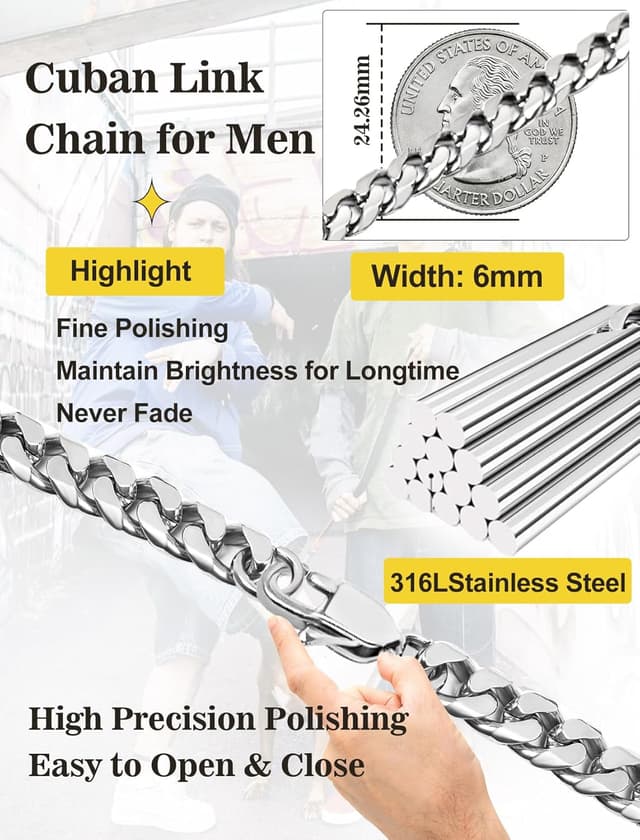 Detalle de Inscca Herren Halskette aus 316L-Edelstahl – kubanische Kette in Silberoptik, 3/6/9/12 mm, Längen bis 75 cm