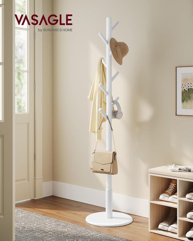 Detalle de VASAGLE Attaccapanni da terra RCR009WH01 in legno con 8 ganci e palo stabile, bianco nuvola