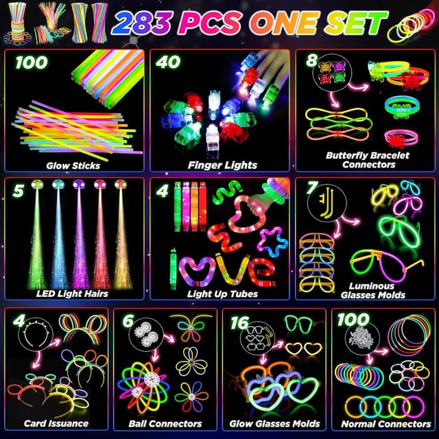 Detalle de SHQDD Glow-in-the-Dark Party Favors Bundle (LED & Glow Sticks), 27 Carnival Accessories + 100 Glow Sticks