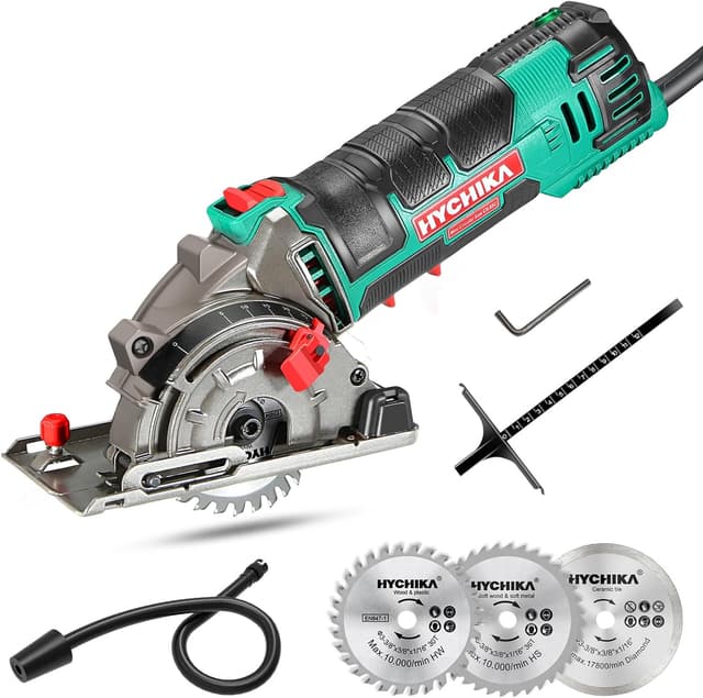 Detalle de HYCHIKA Mini Kreissäge 500 W mit 3 Sägeblättern, 4.500 RPM, 0–25 mm Schnitttiefe