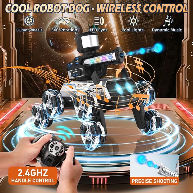 Detalle de Daxiongmao Remote Control Robot Dog Toy with LED Eyes, Gesture Control & Water-Shooting Turret (Black)