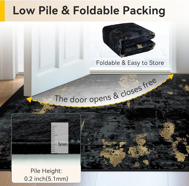 Detalle 2 de RELEANY Washable Area Rug 5'x7' Non-Slip Modern Abstract (Dark Black Gold)