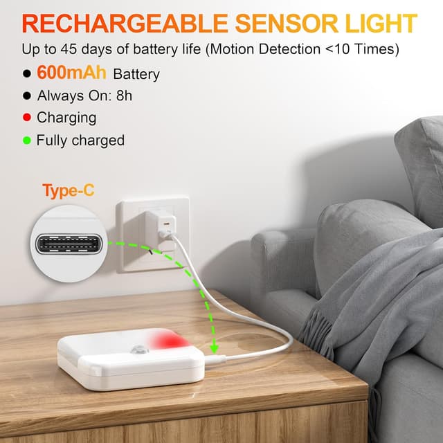 Detalle 2 de daphomeu lot de 6 veilleuses LED rechargeables avec détecteur de mouvement (port USB Type-C)