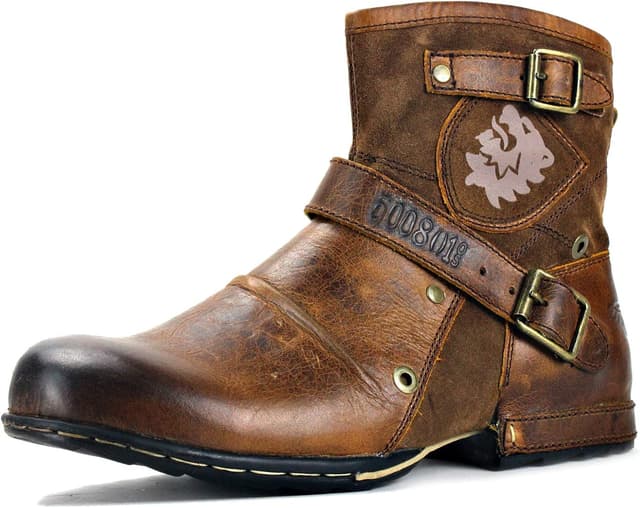 Detalle de OSSTONE OS-5008-1-E Herrenstiefel aus Rindsleder mit Gummisohle und Reißverschluss (Biker Boots, Brown)