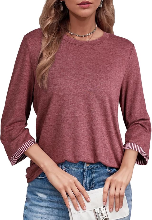 Detalle de Dokotoo women’s 3/4 sleeve T-shirts (solid colour crewneck) in loose fit S–XXL