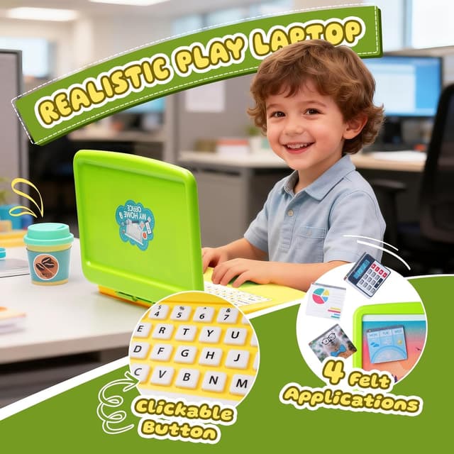 Detalle de Yeeammk Pretend Play Home Office Set for Kids (ages 3-7) with laptop, smartphone & writing tablet