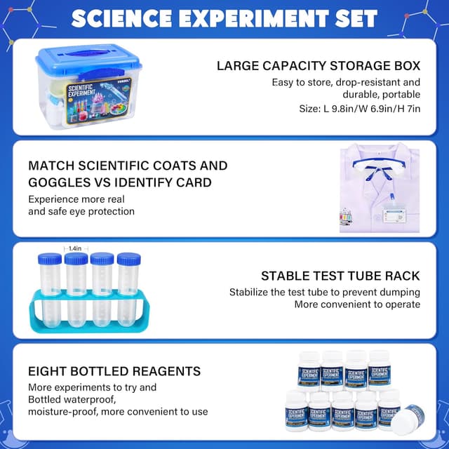 Detalle de 120+ Experiments Science Kits for Kids (Age 6–12+) STEM Chemistry Set with Goggles, Funnels & Safe Materials