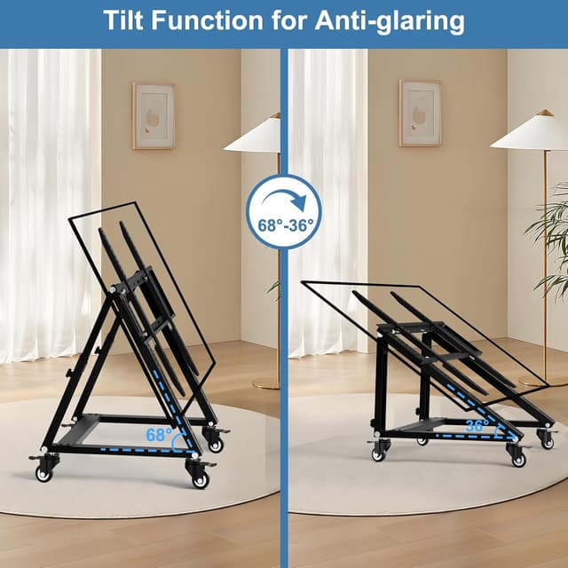 Detalle de Niedriger rollbarer TV-Ständer (26–65 Zoll) mit Rollen, höhenverstellbar und neigbar bis 68° – VESA 600×500