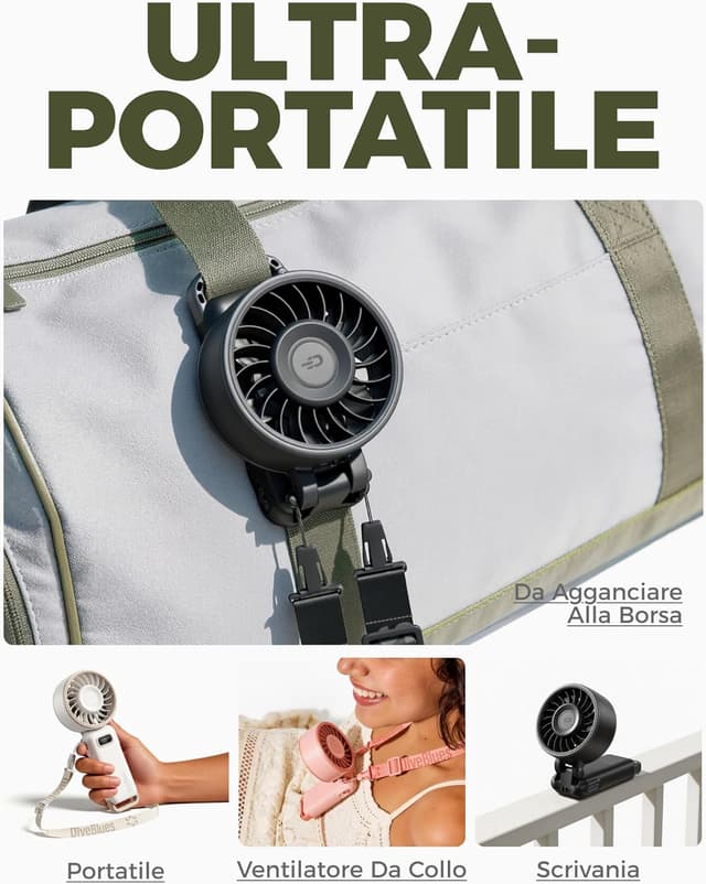 Detalle de Diveblues Ventilatore portatile pieghevole con batteria, 100 velocità regolabili e autonomia fino a 12h