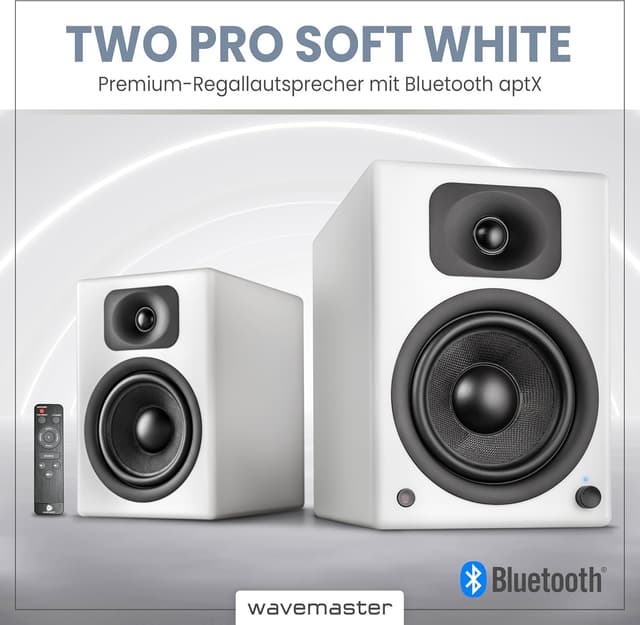 Detalle de Wavemaster TWO PRO white 66351 Regallautsprecher-Set mit Bluetooth-Streaming, digitalen Anschlüssen und IR-Fernbedienung
