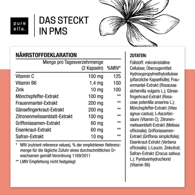 Detalle de Pure Ella Vitalstoffkomplex für Frauen mit Mönchspfeffer, Frauenmantel, Safran, Vitamin C, B6 & Zink – 60 Kapseln