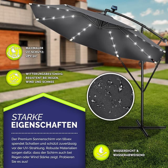 Detalle de tillvex Alu Ampelschirm mit LED-Solar-Abdeckung, Kurbel & Windschutz – große Marktschirm-Schattenspende