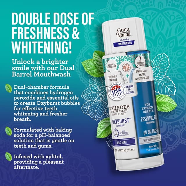 Detalle de GuruNanda Total Smile Makeover Kit Regular with Cocomint Oil Pulling, Dual Barrel Whitening Mouthwash, Whitening Strips & Toothbrushes