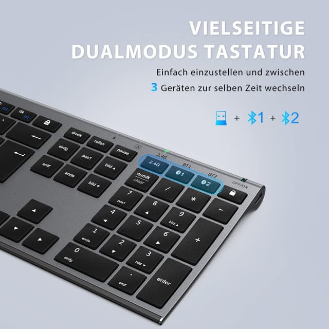 Detalle 2 de iClever Bluetooth Tastatur mit Maus (Dualmodus, 3 Geräte) – wiederaufladbar, USB & Bluetooth, QWERTZ (Grau)