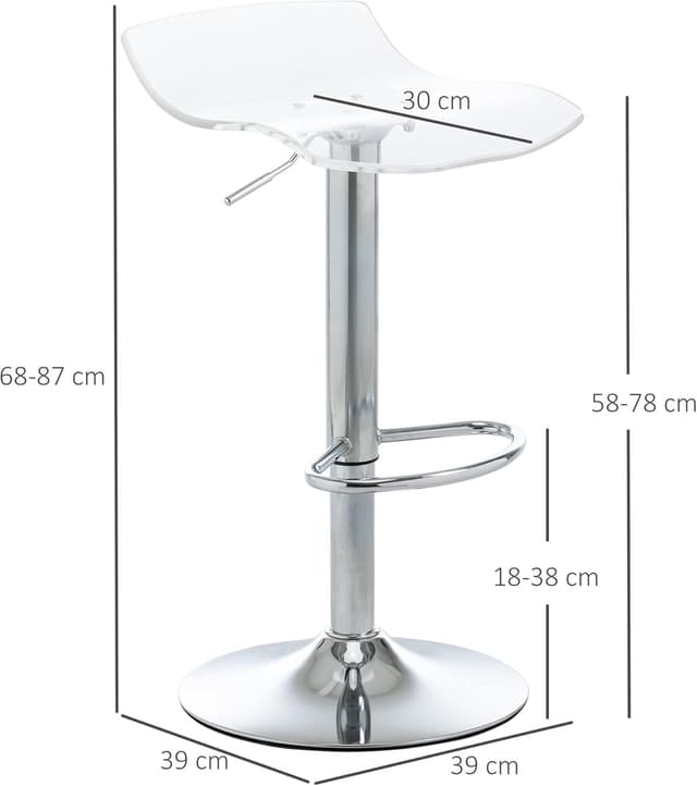 Detalle de HOMCOM Lot de 2 tabourets de bar design transparents, assise acrylique pivotante 360° et hauteur réglable