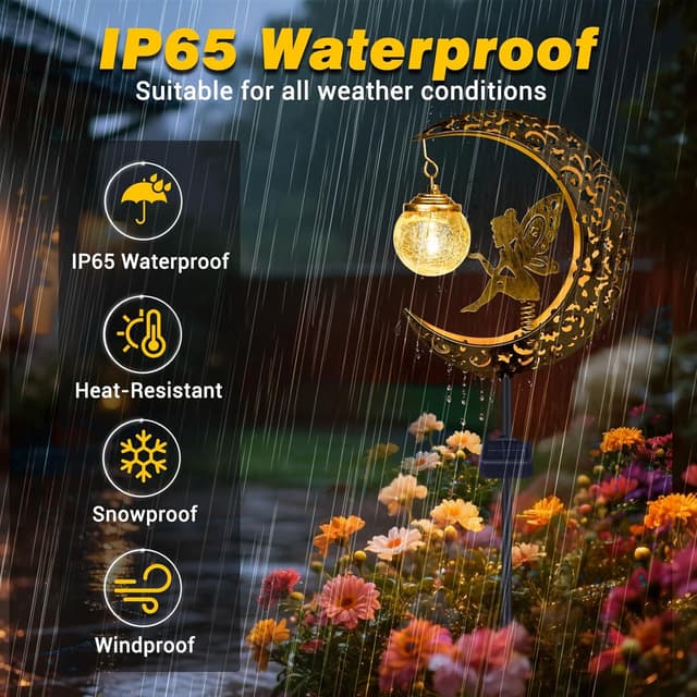 Detalle 2 de Solar Lights Outdoor Garden Ornaments IP65 Waterproof Moon Fairy Solar Crackle Glass Light with Metal Stake (warm white LED)
