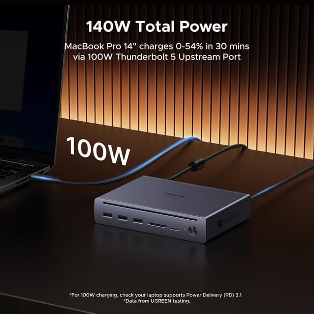 Detalle 2 de UGREEN Maxidok Thunderbolt 5 Docking Station (Revodok 10-in-1) – 10 Ports mit bis zu 120 Gbit/s, 100 W Laden und Ethernet