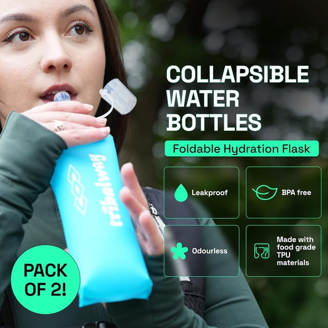 Detalle de Tribalway 2 x 500ml Soft Flask water bottles (collapsible, leakproof, BPA-free) – Blue