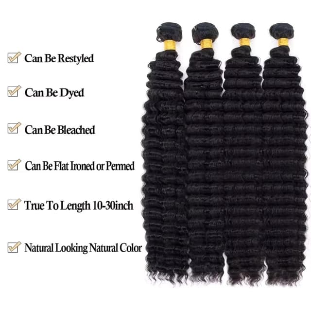 Detalle de 12A Deep Wave Human Hair Bundles (22/22/24/24 inch) Brazilian Virgin Deep Curly Quick Weave — 4 Bundles