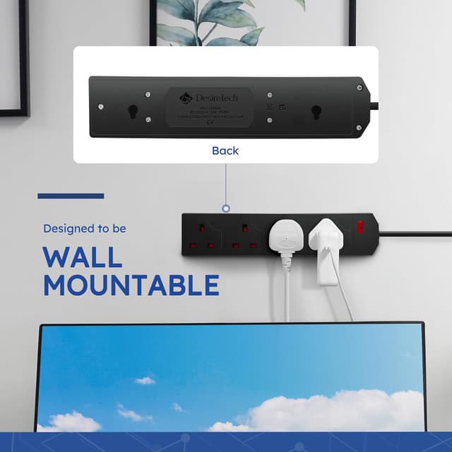 Detalle de DESIRETECH Black 4-Gang Electric Extension Lead (1-metre cable) with UK Plug & Wall-Mountable Socket