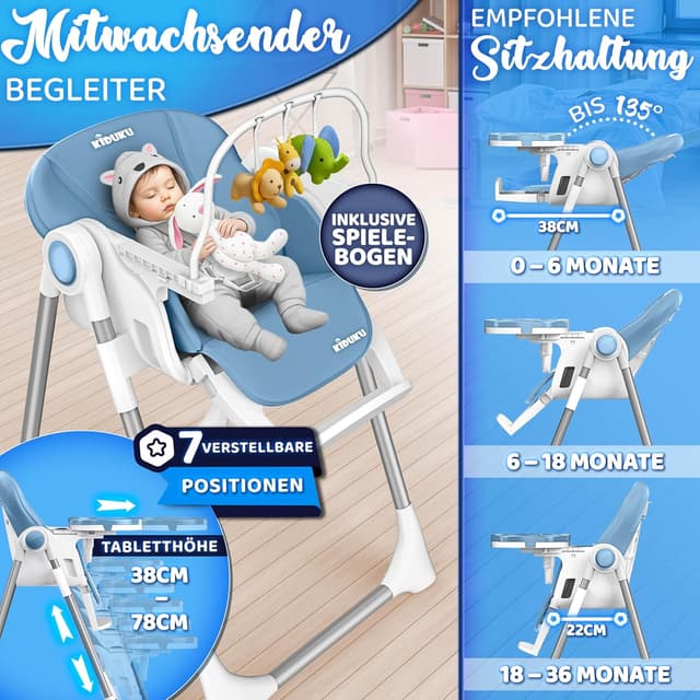 Detalle 2 de KIDUKU Hochstuhl Baby 3in1 klappbar mit Liegefunktion, Neugeborenenaufsatz und Spielbogen (0–36 Monate)