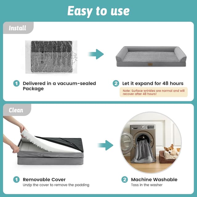 Thumbnail 6 de COZY KISS Orthopedic Dog Bed (Large) – U-Shape Pet Couch with Supportive Foam Bolster, Waterproof Lining Cover, Anti-slip, Washable, Gray