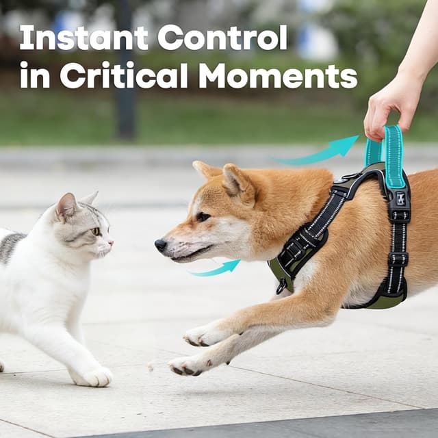 Detalle de PoyPet No Pull Dog Harness with Reflective Vest, 2 Leash Attachments and Control Handle (Army Green, L)