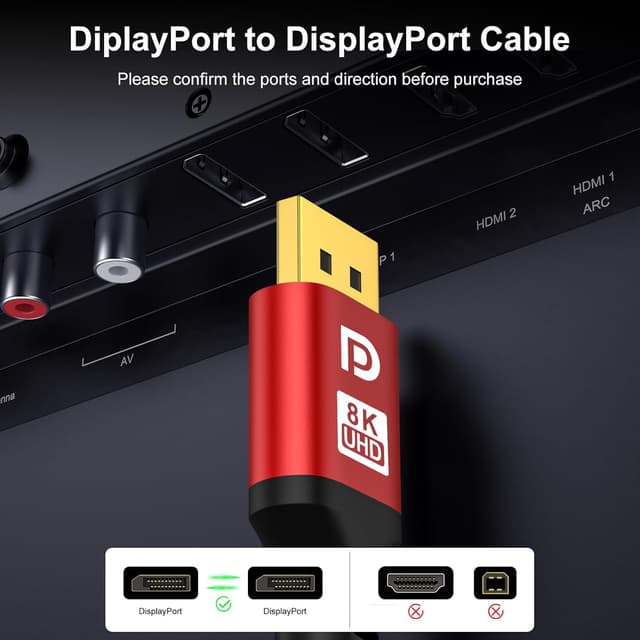 Detalle de 6FT DisplayPort 1.4 Cable (DP to DP) — 32.4Gbps HBR3, up to 8K60Hz/4K144Hz, braided with gold-plated connectors