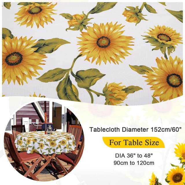 Detalle de Qucover Sunflower Outdoor Tablecloth (Round 150cm) with Parasol Hole & Zipper, Wipe-Clean Polyester