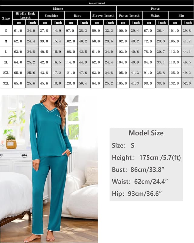 Detalle 2 de Demegimi Damen-Schlafanzug lang mit V-Ausschnitt, einfarbig aus Baumwolle – Winter-Pyjama für Komfort am Abend