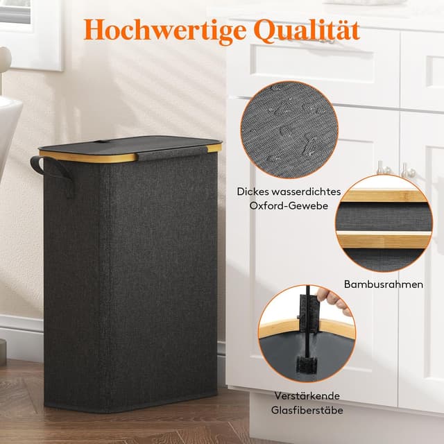 Thumbnail 6 de Lifewit 50L schmaler Wäschekorb mit Deckel aus Bambus & Oxford-Gewebe – faltbar, mit Tragegriff, Schwarz