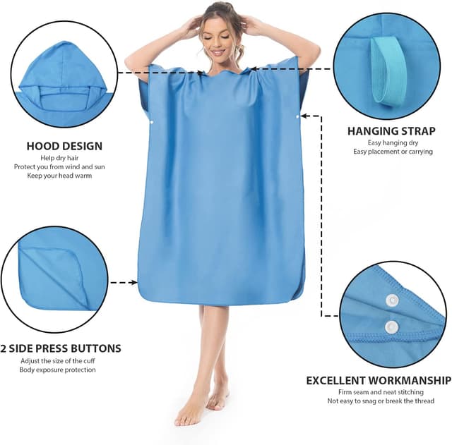 Detalle de Mokani accappatoio poncho in microfibra con cappuccio per beach, surf e cambio rapido (blu)