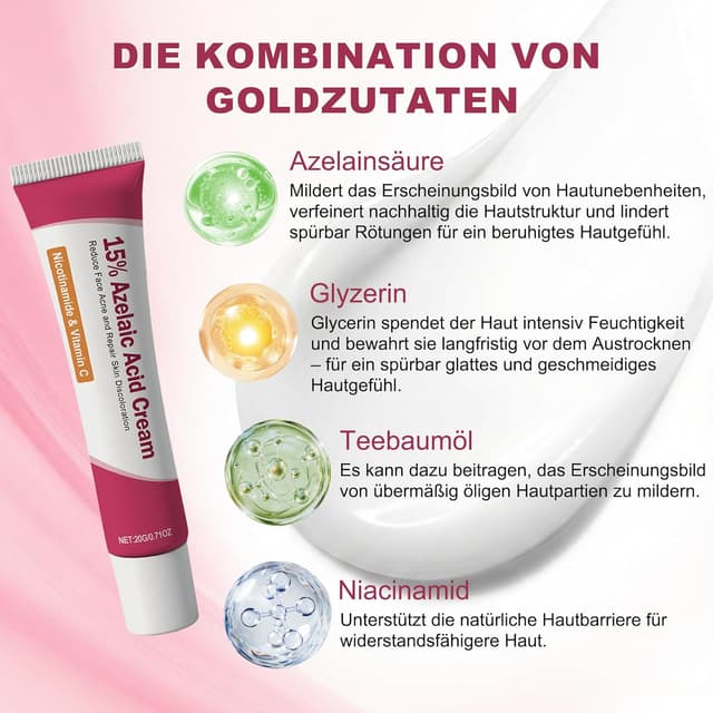 Detalle 2 de Azelainsäure Creme 20 g mit 15 % Azelainsäure – für weniger Hautunreinheiten und ein gepflegtes Hautgefühl